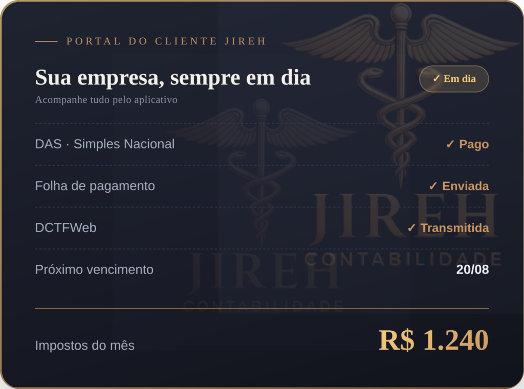 Painel do app Jireh mostrando impostos e obrigações da empresa em dia